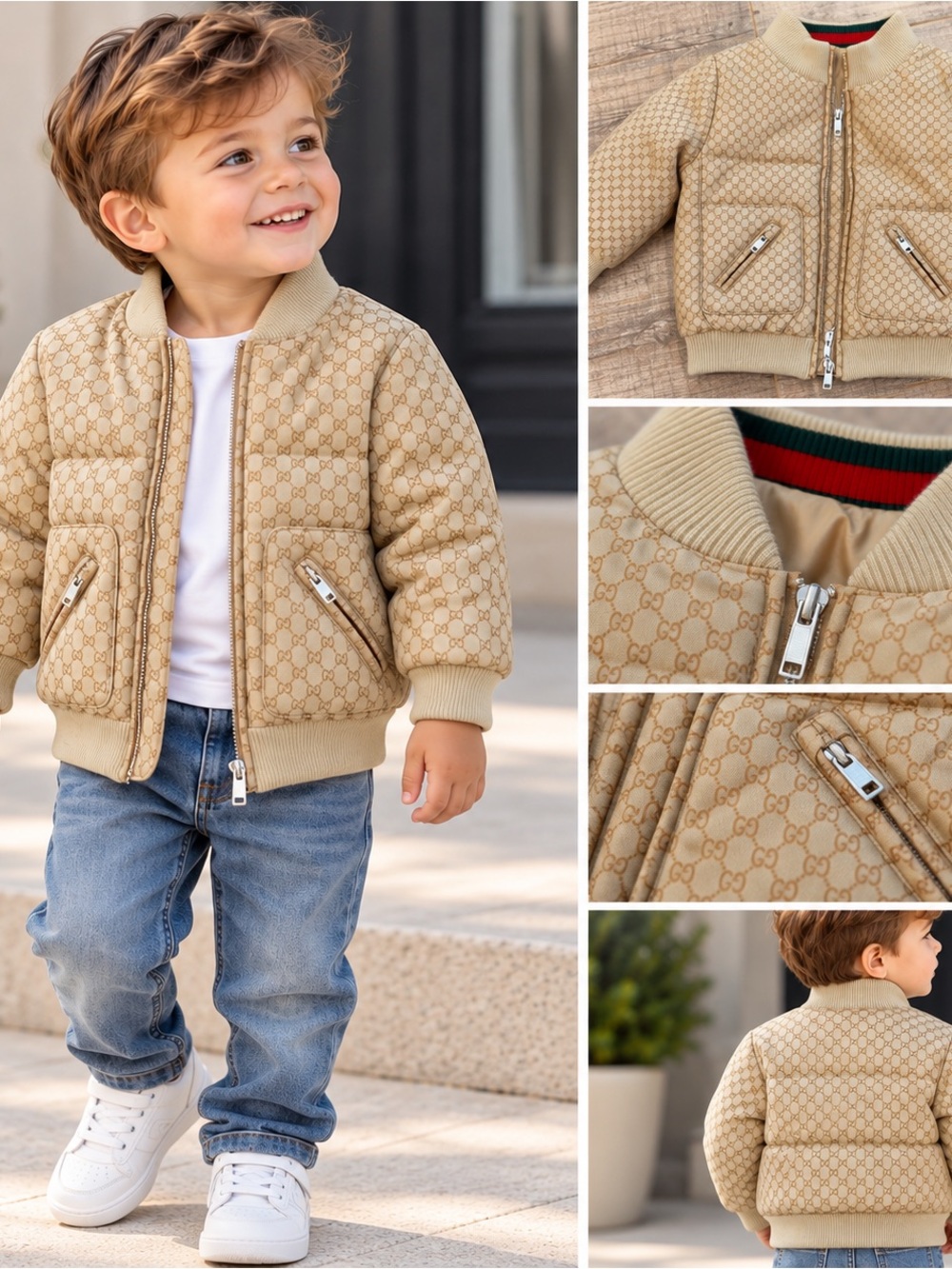 Gucci Kids Beige GG Monogram Quilted Puffer Jacket